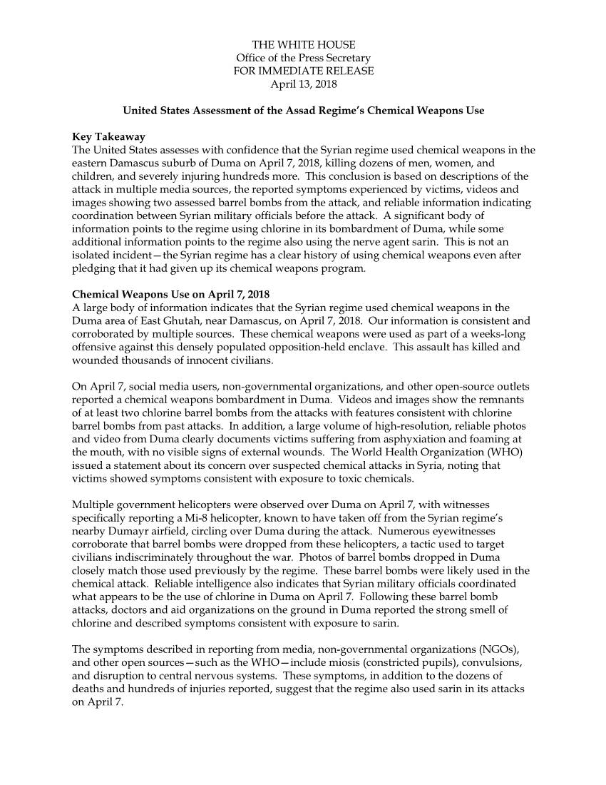 United States Assessment of the Assad Regime's Chemical