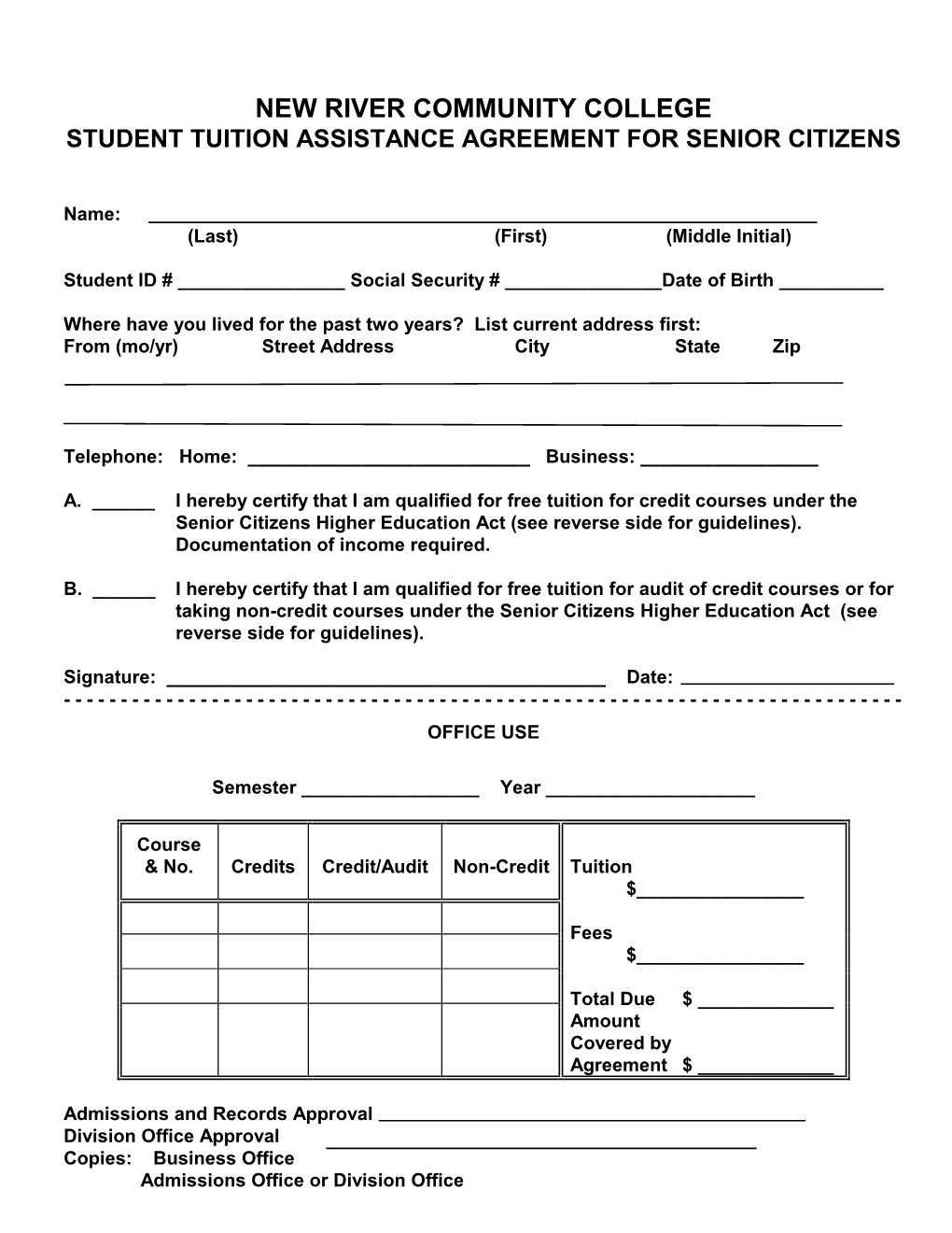 Student Tuition Assistance Agreement for Senior Citizens