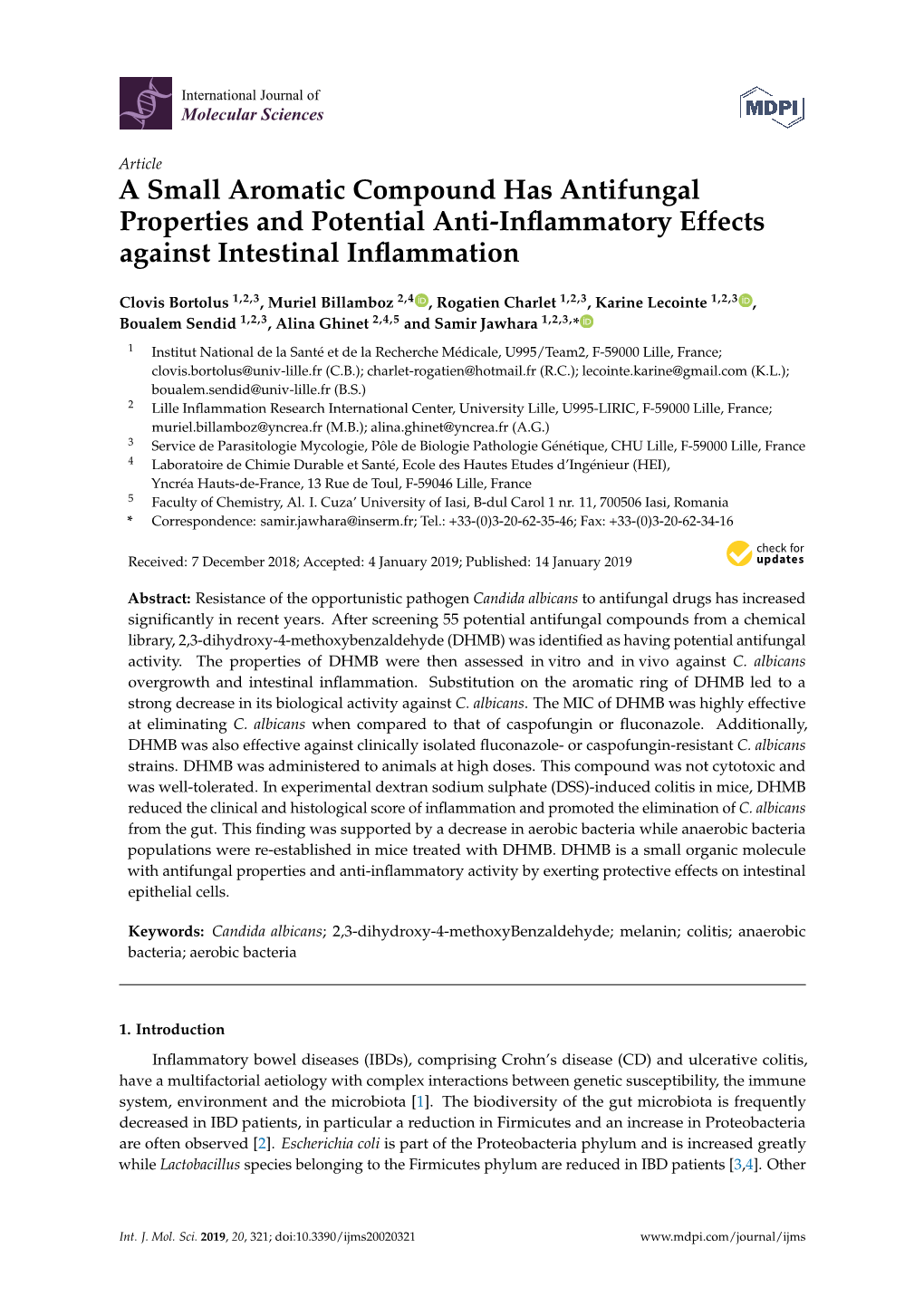 A Small Aromatic Compound Has Antifungal Properties and Potential Anti-Inﬂammatory Effects Against Intestinal Inﬂammation