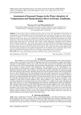 Assessment of Seasonal Changes in the Water Chemistry of Valapattanam and Munderikadavu River in Kerala, Tamilnadu, India