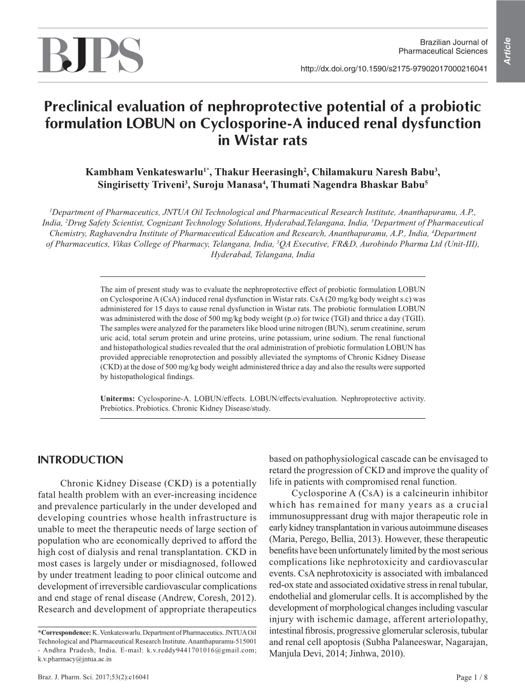 Preclinical Evaluation of Nephroprotective Potential of a Probiotic Formulation LOBUN on Cyclosporine-A Induced Renal Dysfunction in Wistar Rats