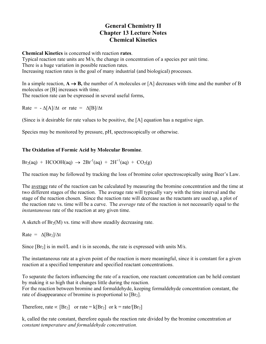 General Chemistry II Chapter 13 Lecture Notes Chemical Kinetics