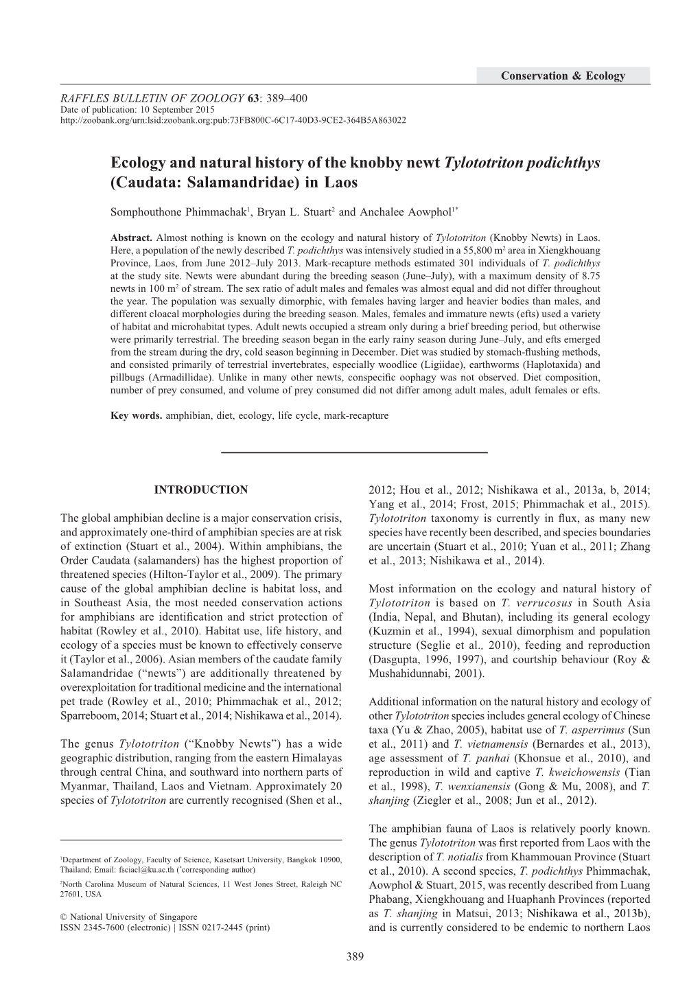 Ecology and Natural History of the Knobby Newt Tylototriton Podichthys (Caudata: Salamandridae) in Laos