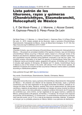 Lista Patrón De Los Tiburones, Rayas Y Quimeras (Chondrichthyes, Elasmobranchii, Holocephali) De México
