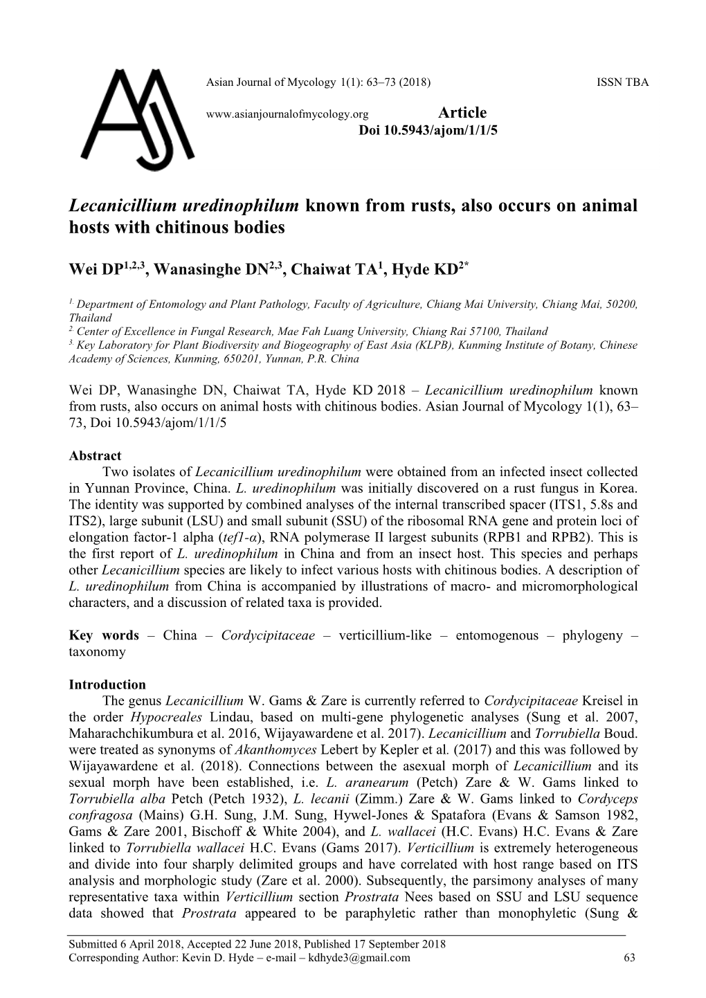 Lecanicillium Uredinophilum Known from Rusts, Also Occurs on Animal Hosts with Chitinous Bodies