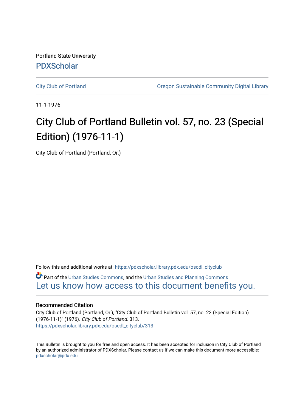 City Club of Portland Bulletin Vol. 57, No. 23 (Special Edition) (1976-11-1)