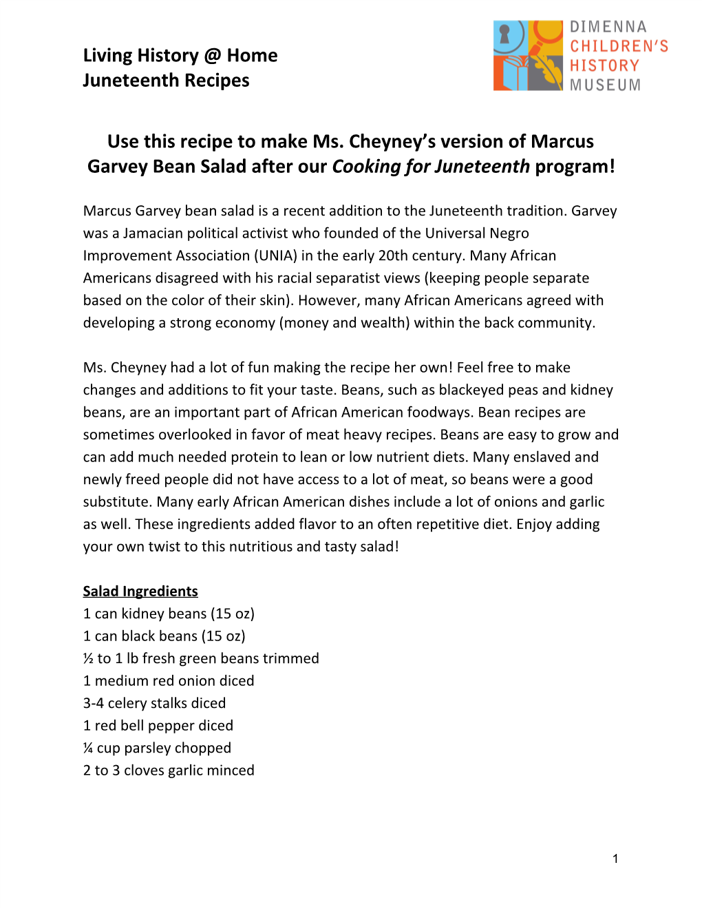 Living History @ Home Juneteenth Recipes Use This Recipe to Make Ms. Cheyney's Version of Marcus Garvey Bean Salad​ ​Aft
