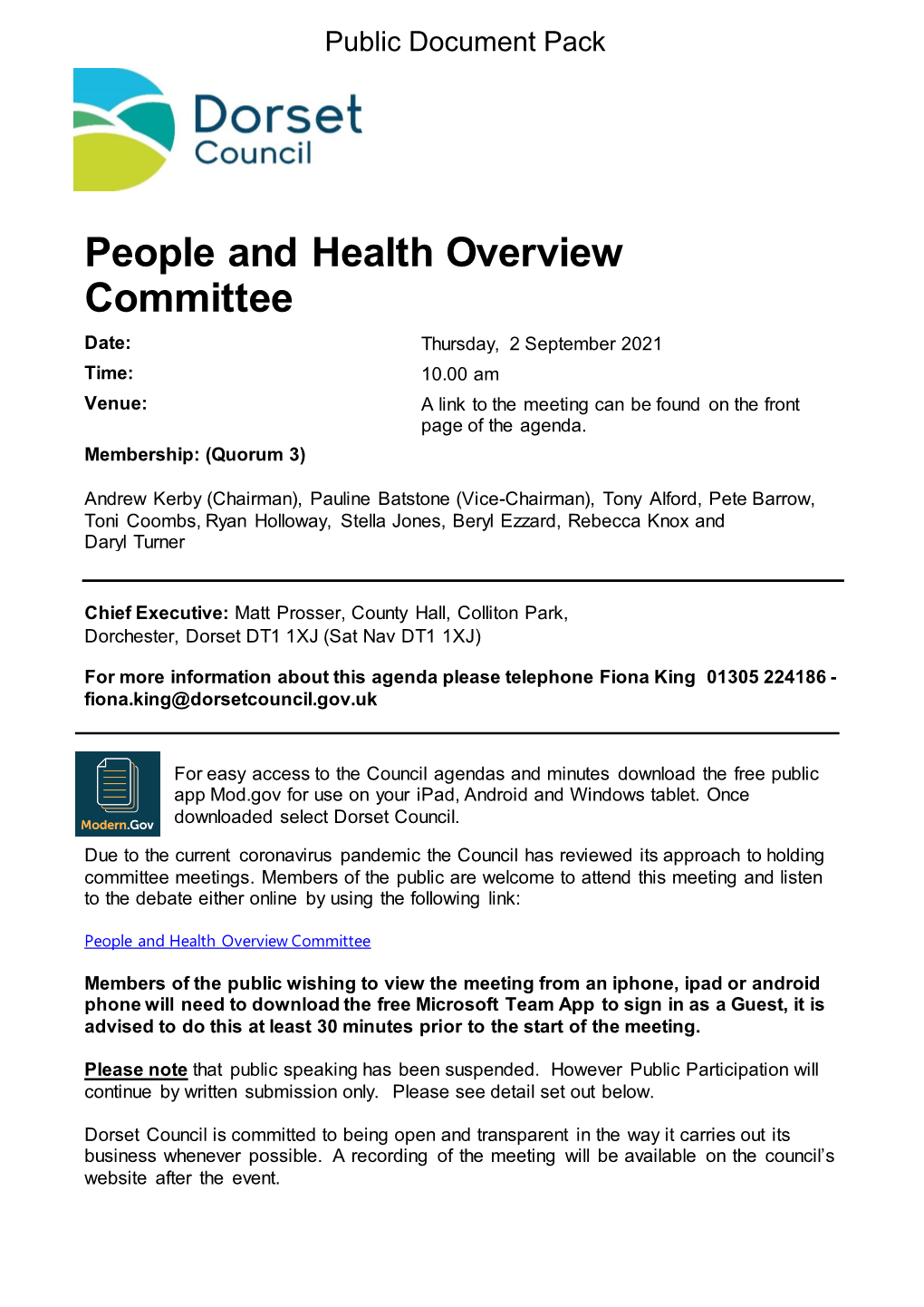 People and Health Overview Committee Date: Thursday, 2 September 2021 Time: 10.00 Am Venue: a Link to the Meeting Can Be Found on the Front Page of the Agenda