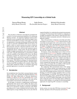 Arxiv:1907.07120V1 [Cs.CY] 16 Jul 2019 1 Introduction That China Hindered Access to I2P by Poisoning DNS Resolu- Tions of the I2P Homepage and Three Reseed Servers