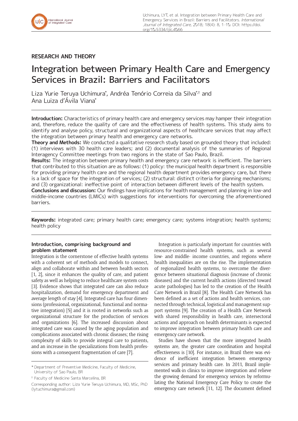 Integration Between Primary Health Care and Emergency Services in Brazil: Barriers and Facilitators
