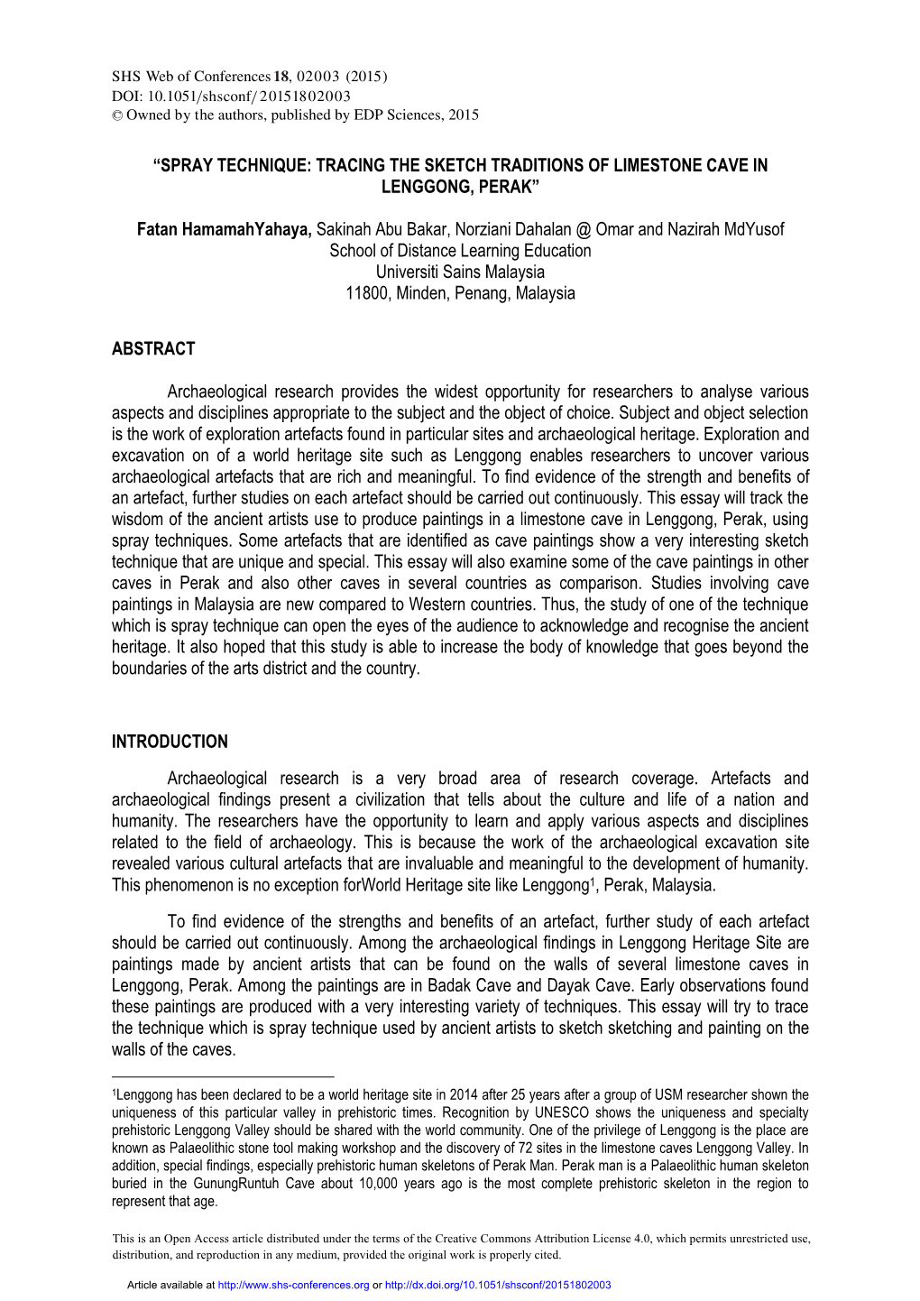 “Spray Technique: Tracing the Sketch Traditions of Limestone Cave in Lenggong, Perak”