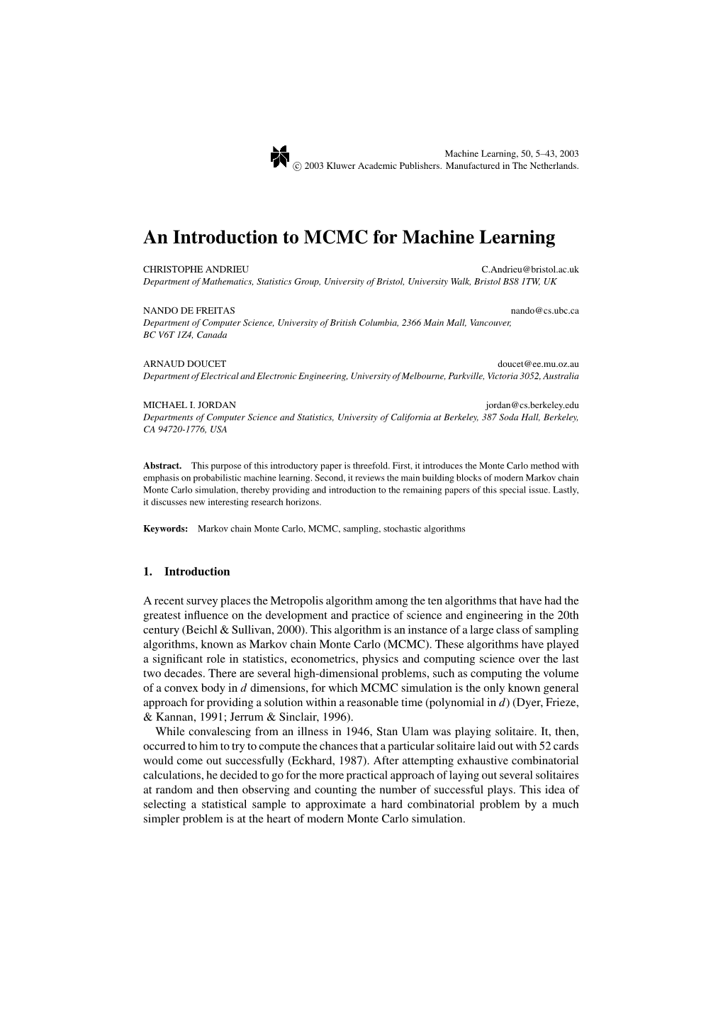 An Introduction to MCMC for Machine Learning by Andrieu Et Al