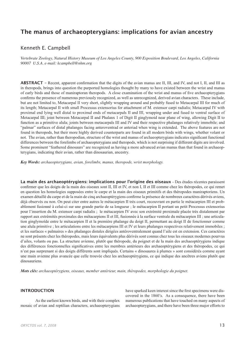 The Manus of Archaeopterygians: Implications for Avian Ancestry