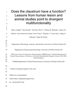 Does the Claustrum Have a Function? 2 Lessons from Human Lesion And