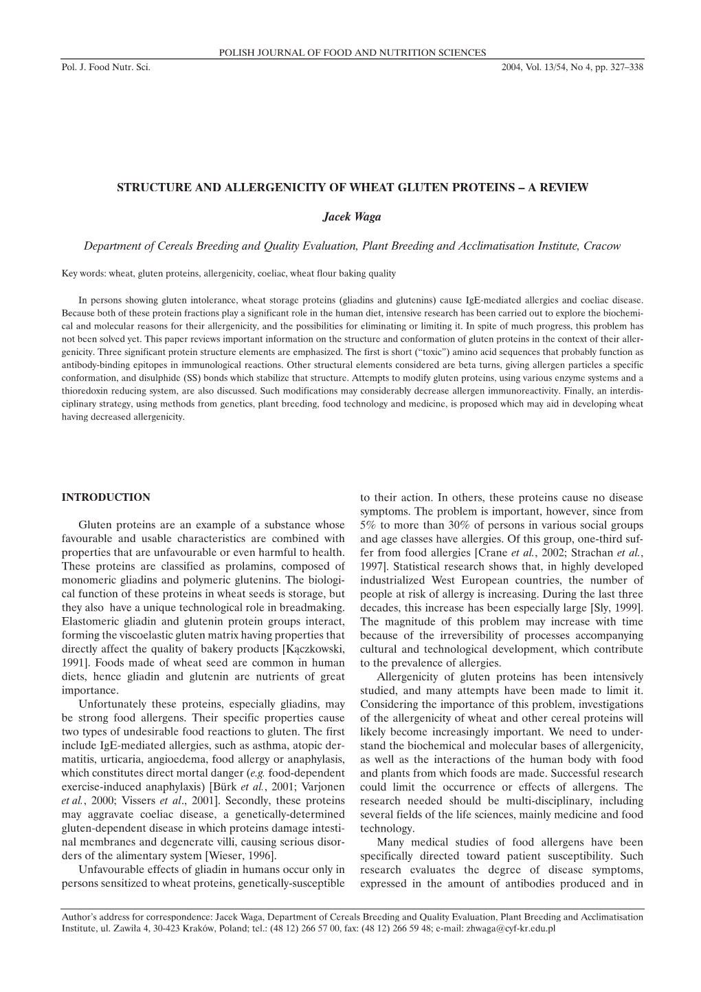 Structure and Allergenicity of Wheat Gluten Proteins – a Review