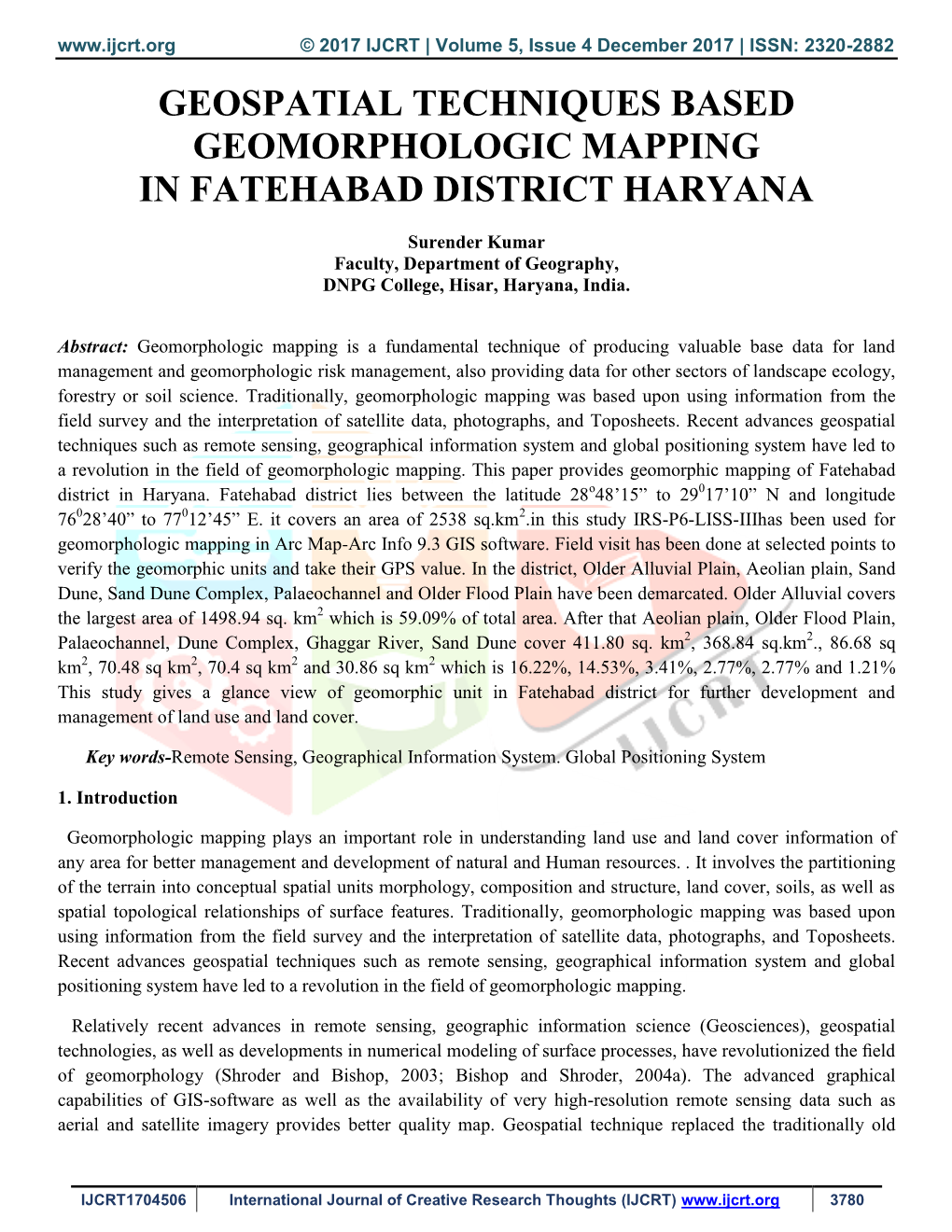 Geospatial Techniques Based Geomorphologic Mapping in Fatehabad District Haryana