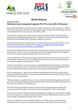 Media Release 20 October 2017 Maleny to Host Inaugural Legends PGA Pro-Am with $12K Purse