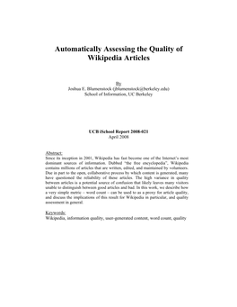 Automatically Assessing the Quality of Wikipedia Articles