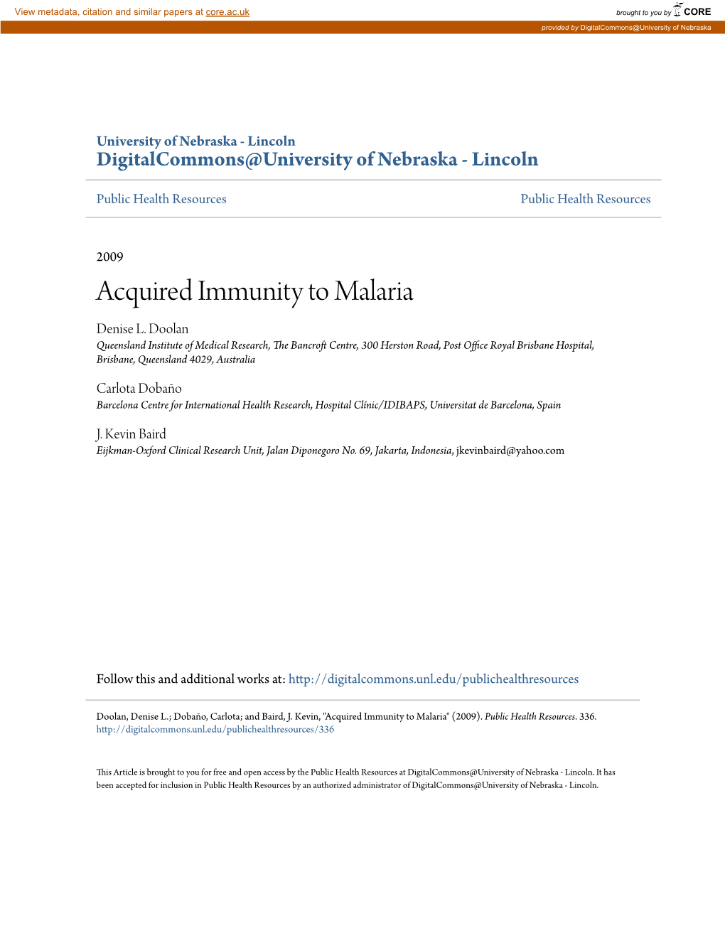 Acquired Immunity to Malaria Denise L