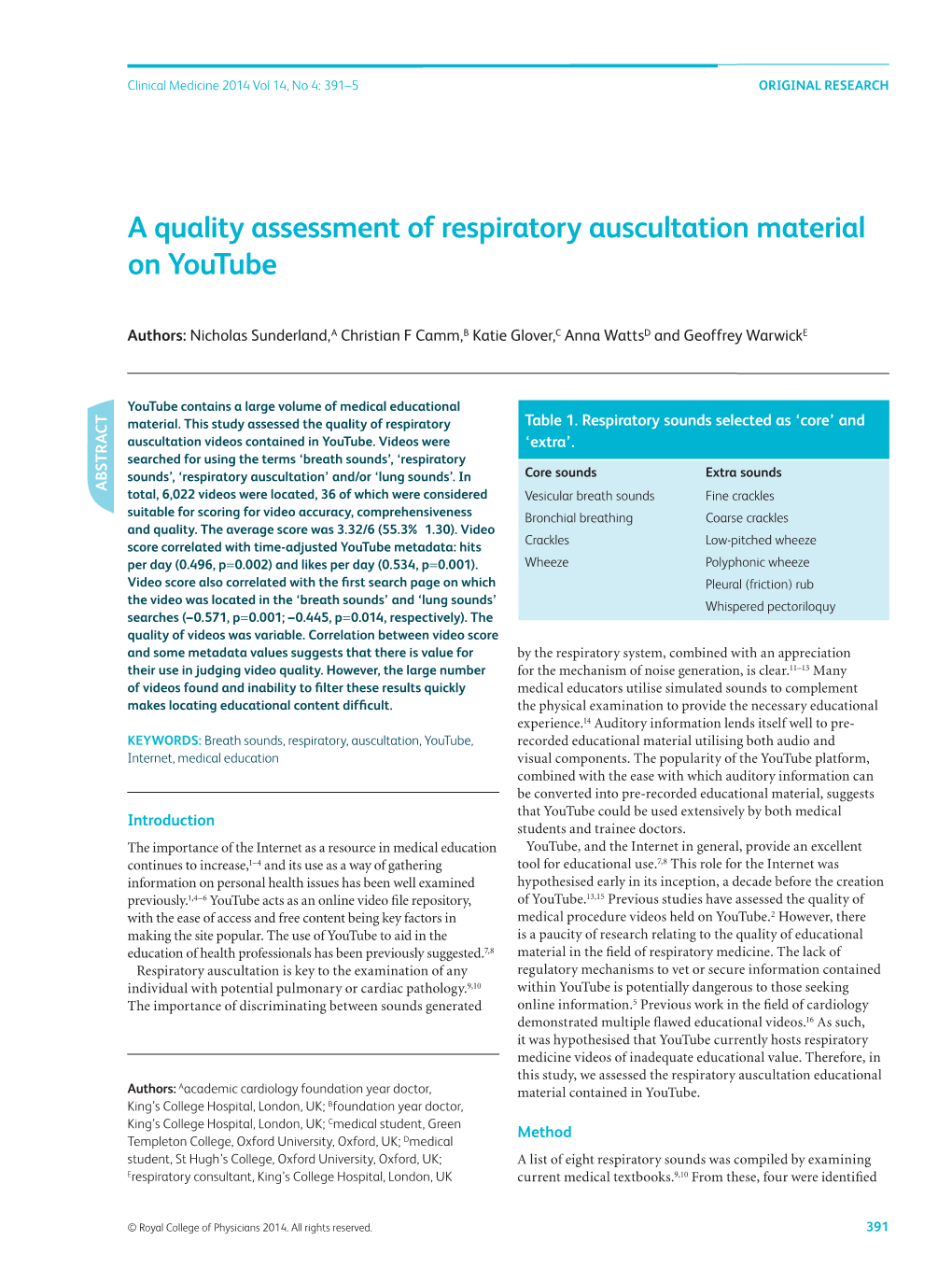 A Quality Assessment of Respiratory Auscultation Material on Youtube