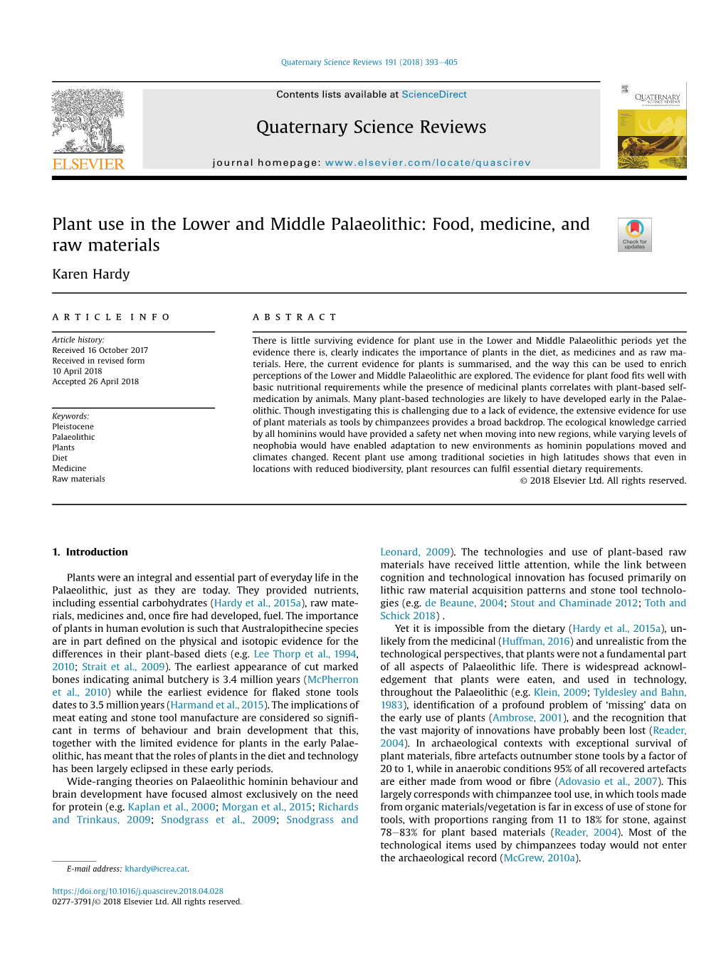 Plant Use in the Lower and Middle Palaeolithic: Food, Medicine and Raw Materials