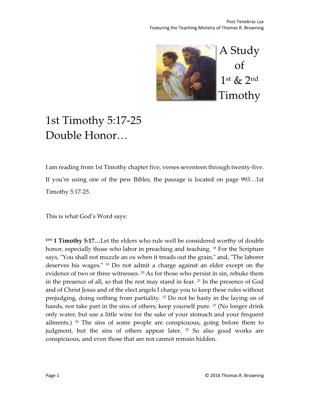 1St Timothy 5:17-25 Double Honor…