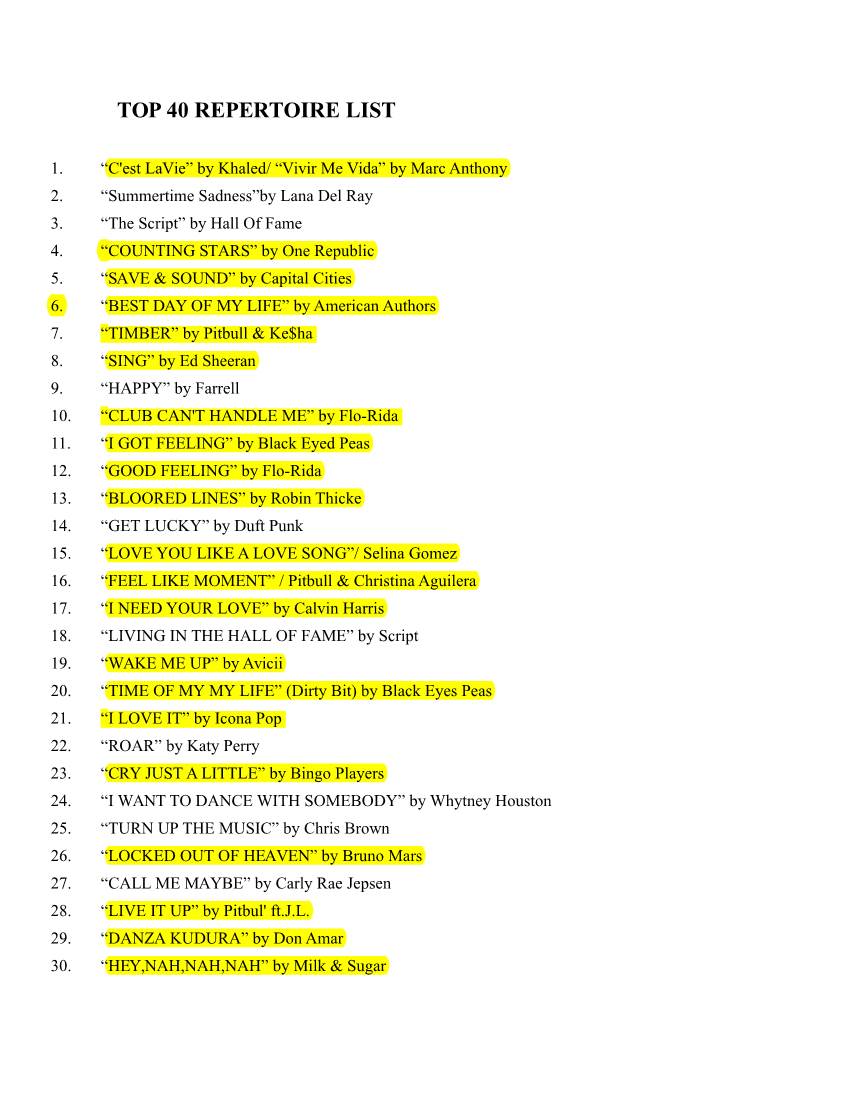 Top 40 Repertoire List