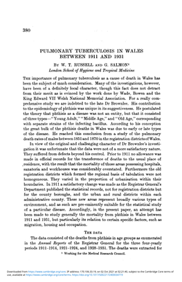 Pulmonary Tuberculosis in Wales Between 1911 and 1931 by W