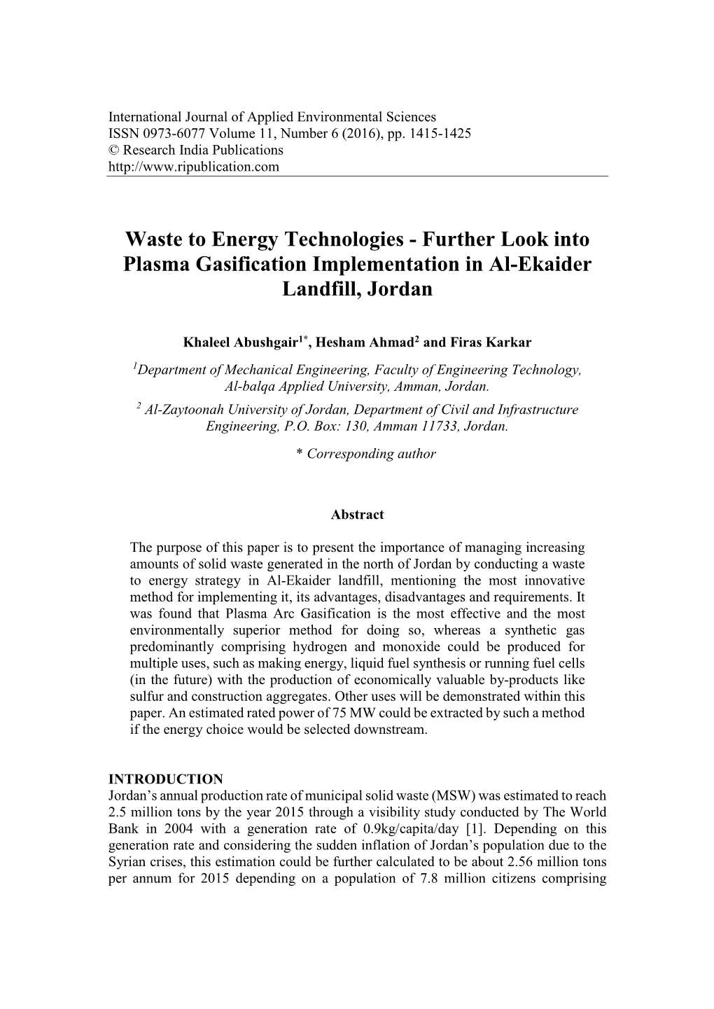 Plasma Gasification: Case Study of Al-Ekaider Landfill
