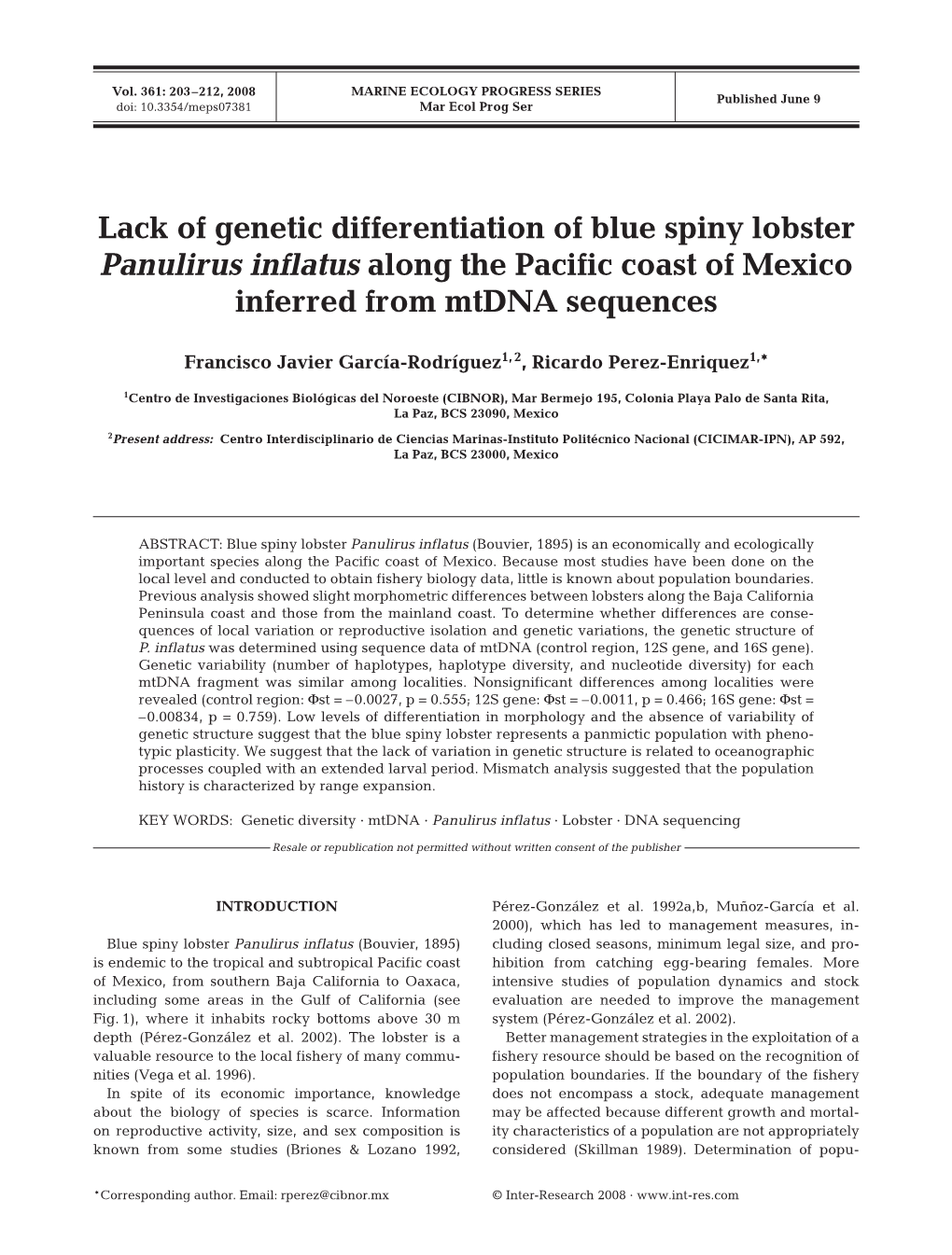 Lack of Genetic Differentiation of Blue Spiny Lobster Panulirus Inflatus Along the Pacific Coast of Mexico Inferred from Mtdna Sequences