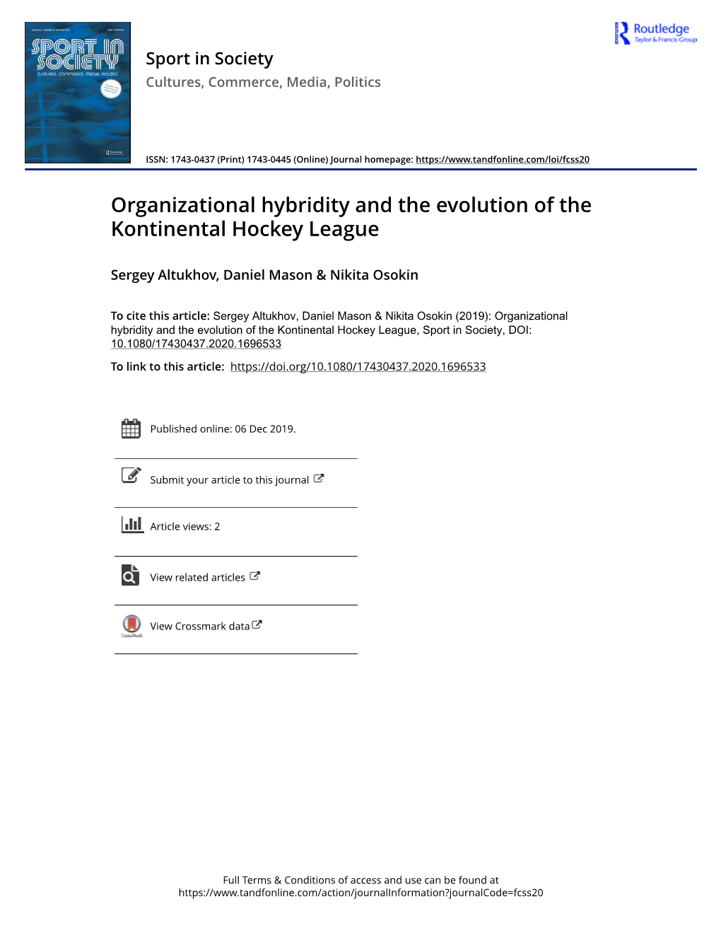 Organizational Hybridity and the Evolution of the Kontinental Hockey League