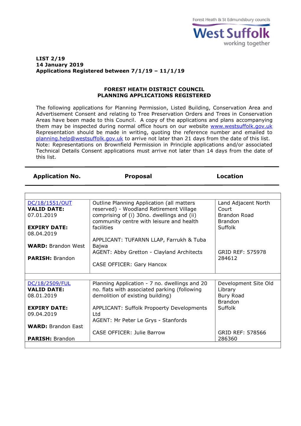 FHDC Planning Applications 02/19