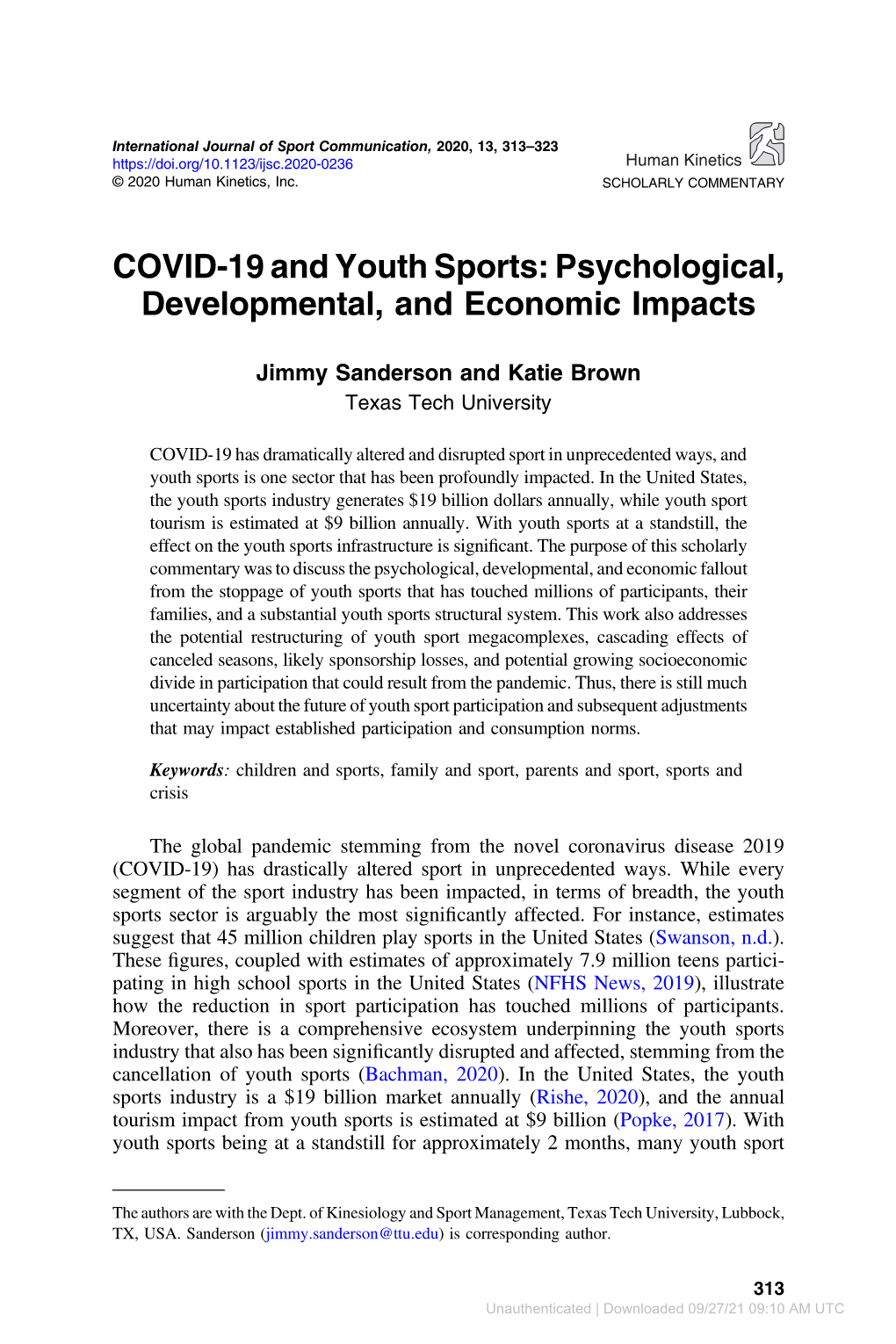 COVID-19 and Youth Sports: Psychological, Developmental, and Economic Impacts