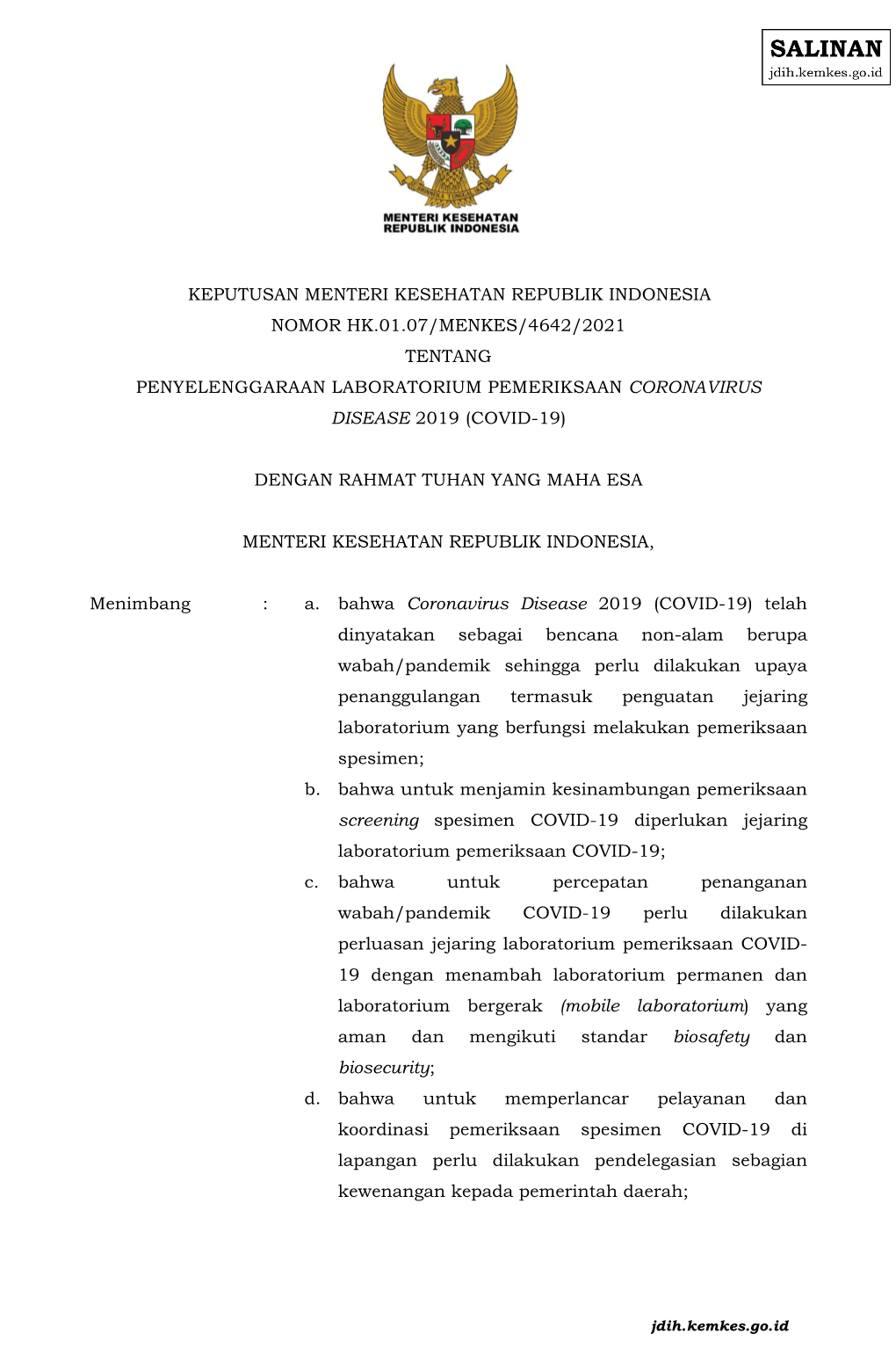 Keputusan Menteri Kesehatan Republik Indonesia Nomor Hk.01.07/Menkes ...