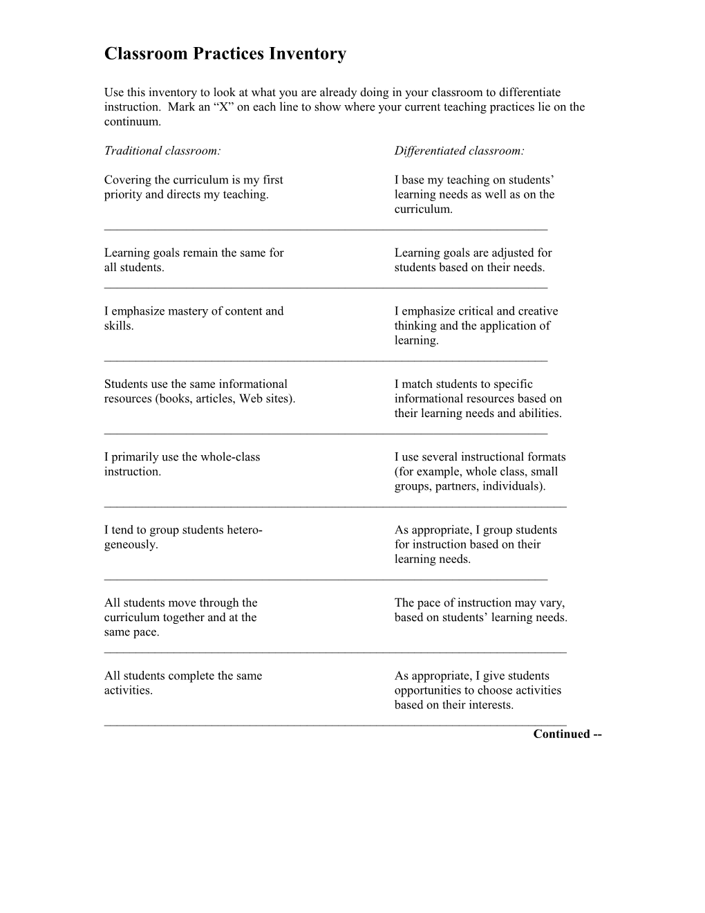 Classroom Practices Inventory