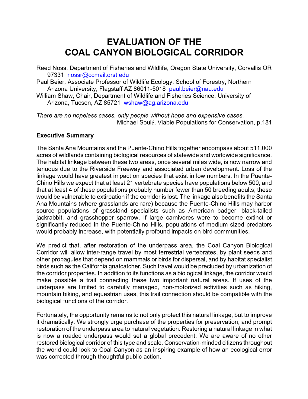 Evaluation of the Coal Canyon Biological Corridor