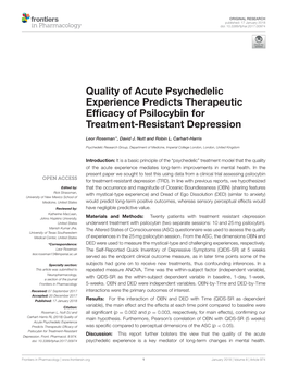 Quality of Acute Psychedelic Experience Predicts Therapeutic Efﬁcacy of Psilocybin for Treatment-Resistant Depression