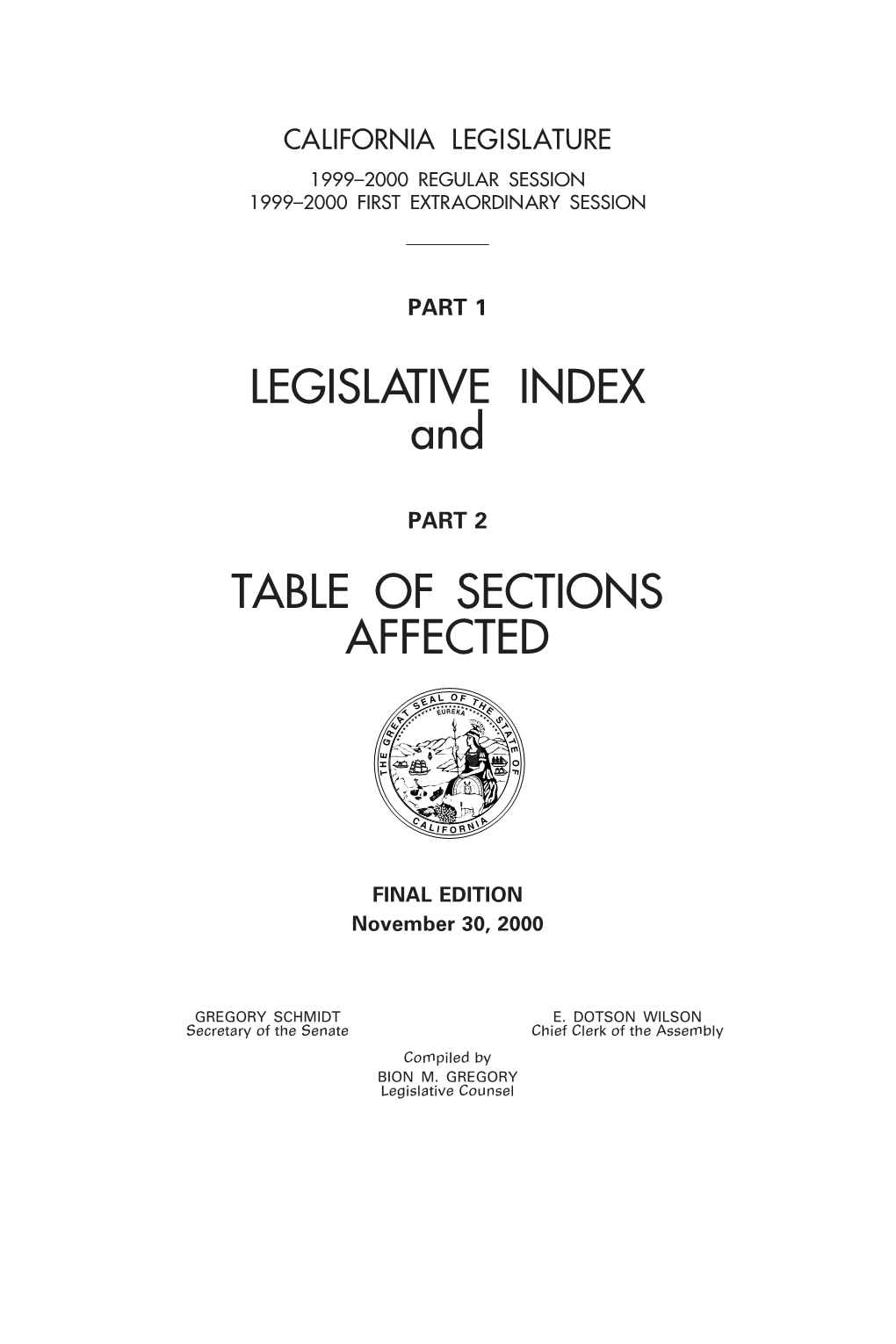 LEGISLATIVE INDEX and TABLE of SECTIONS AFFECTED