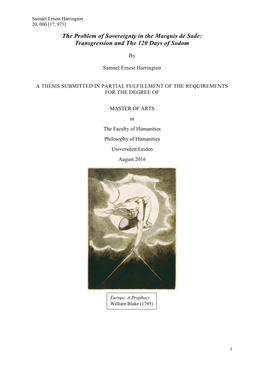 The Problem of Sovereignty in the Marquis De Sade: Transgression and the 120 Days of Sodom