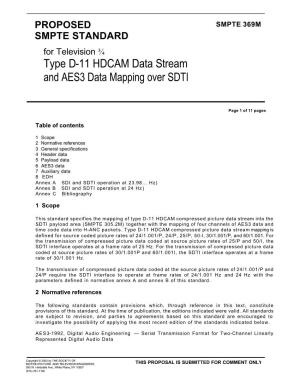 Type D-11 HDCAM Data Stream and AES3 Data Mapping Over SDTI