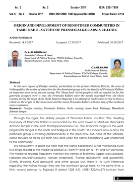 Origin and Development of Denotified Communities in Tamil Nadu - a Study of Pranmalai Kallars: a Re-Look