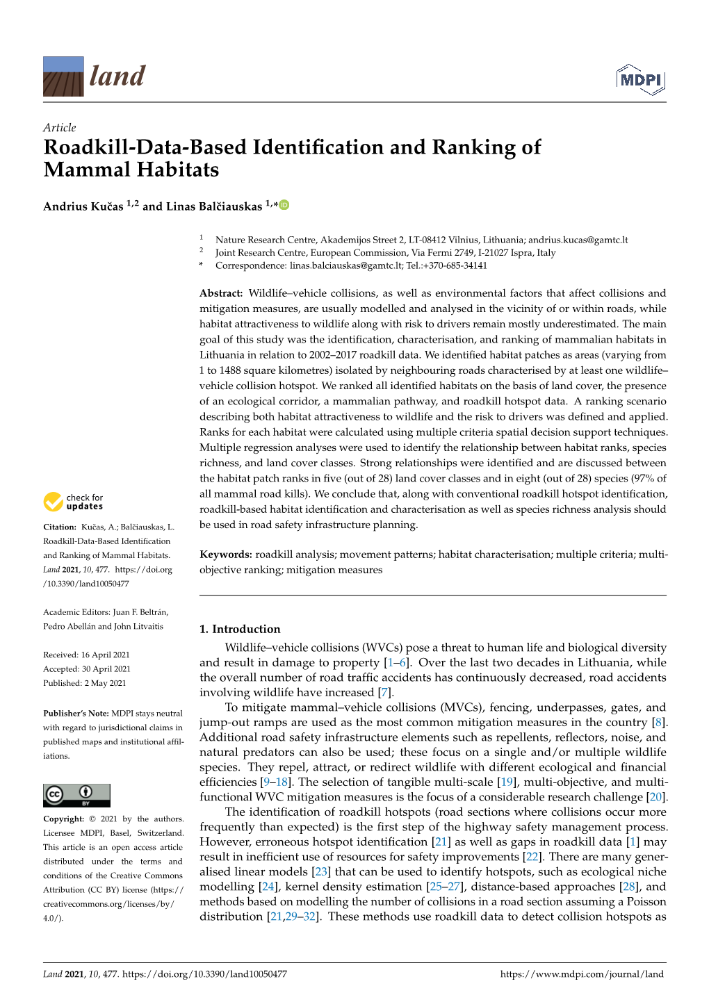 Roadkill-Data-Based Identification and Ranking of Mammal Habitats