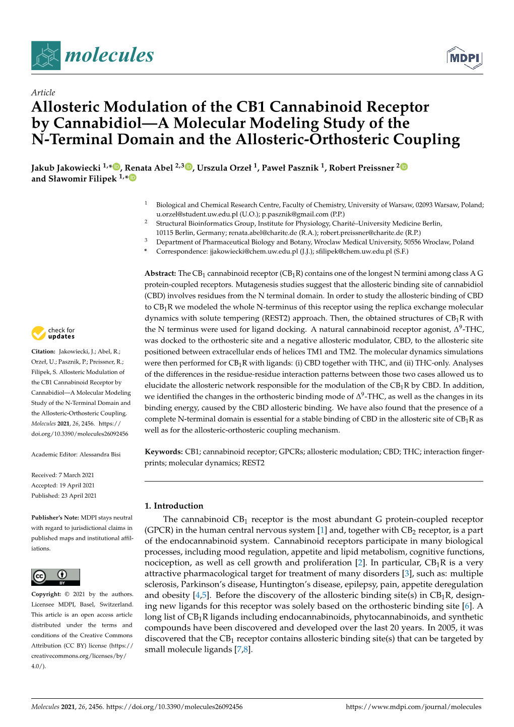 Allosteric Modulation of the CB1 Cannabinoid Receptor by Cannabidiol—A Molecular Modeling Study of the N-Terminal Domain and the Allosteric-Orthosteric Coupling