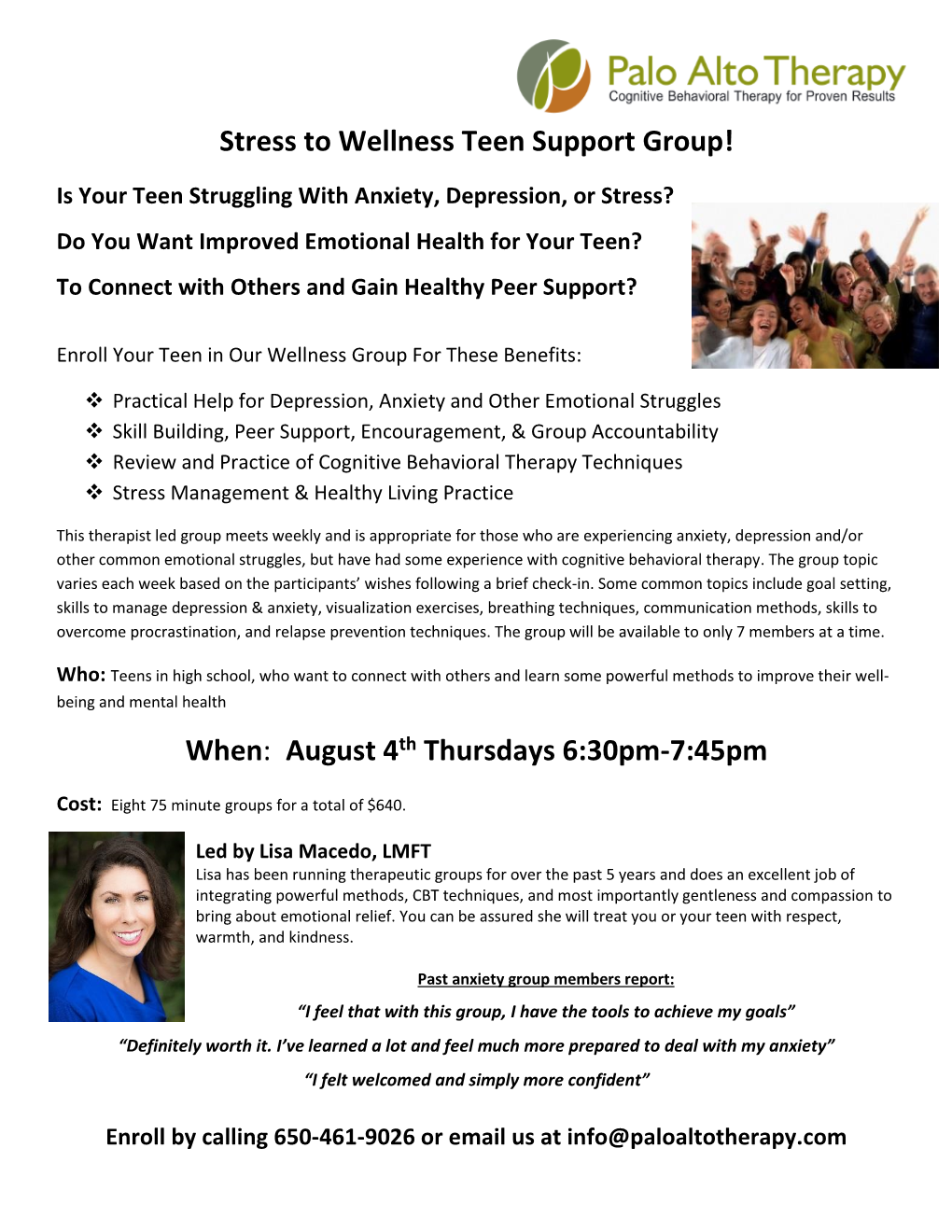 Stress to Wellness Teen Support Group! When: August 4Th Thursdays 6:30Pm-7:45Pm