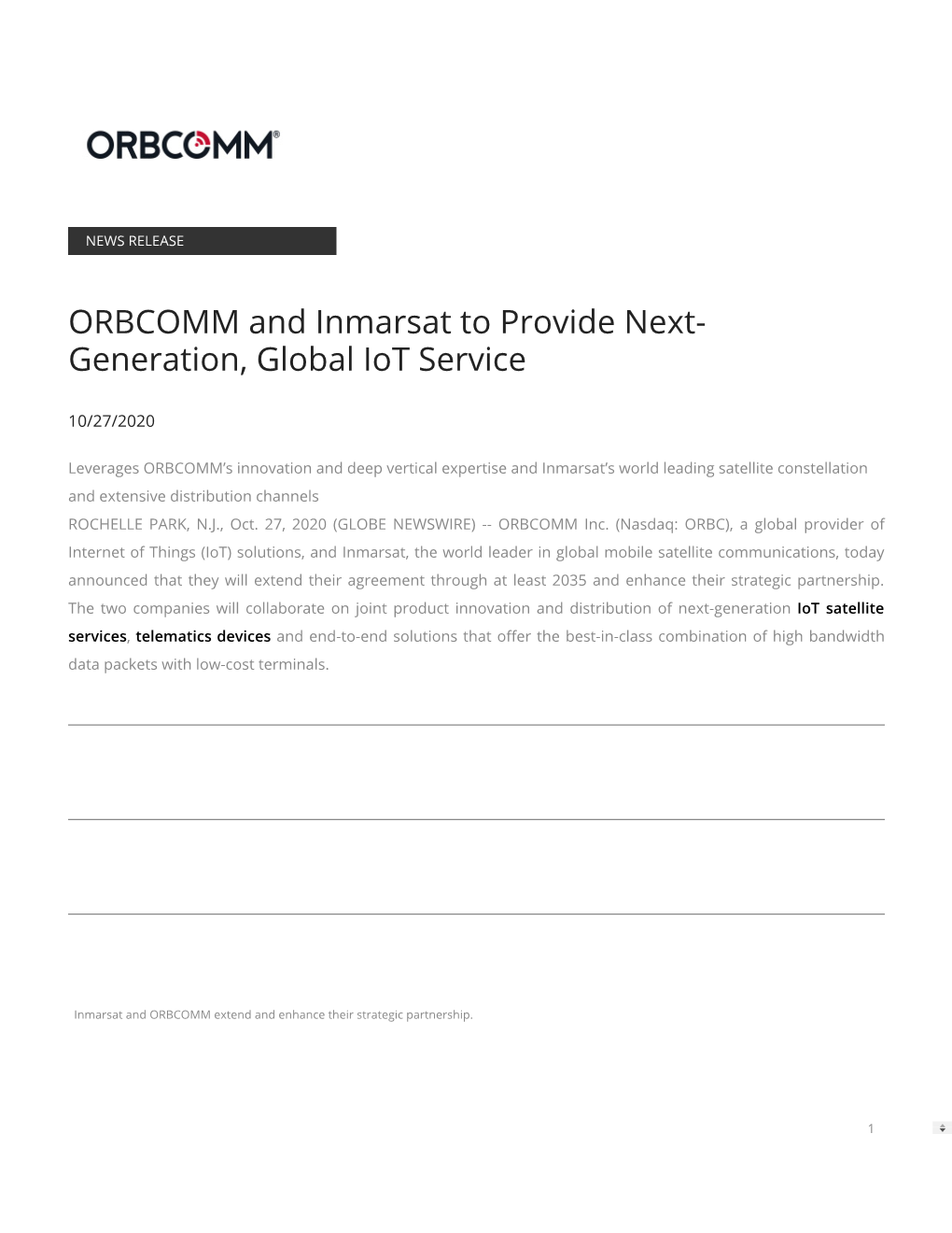 ORBCOMM and Inmarsat to Provide Next- Generation, Global Iot Service