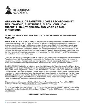 Grammy Hall of Fame® Welcomes Recordings by Neil Diamond, Eurythmics, Elton John, Joni Mitchell, Nancy Sinatra and More As 2020 Inductions