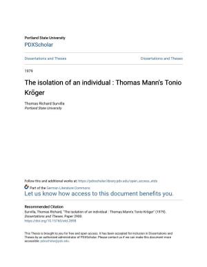 The Isolation of an Individual : Thomas Mann's Tonio Kroì‹Ger