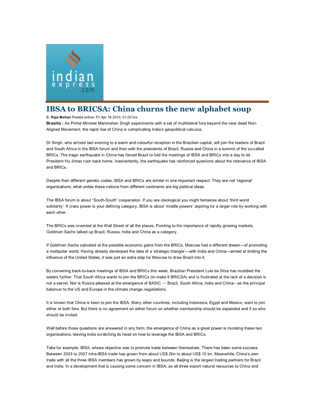 IBSA to BRICSA: China Churns the New Alphabet Soup C