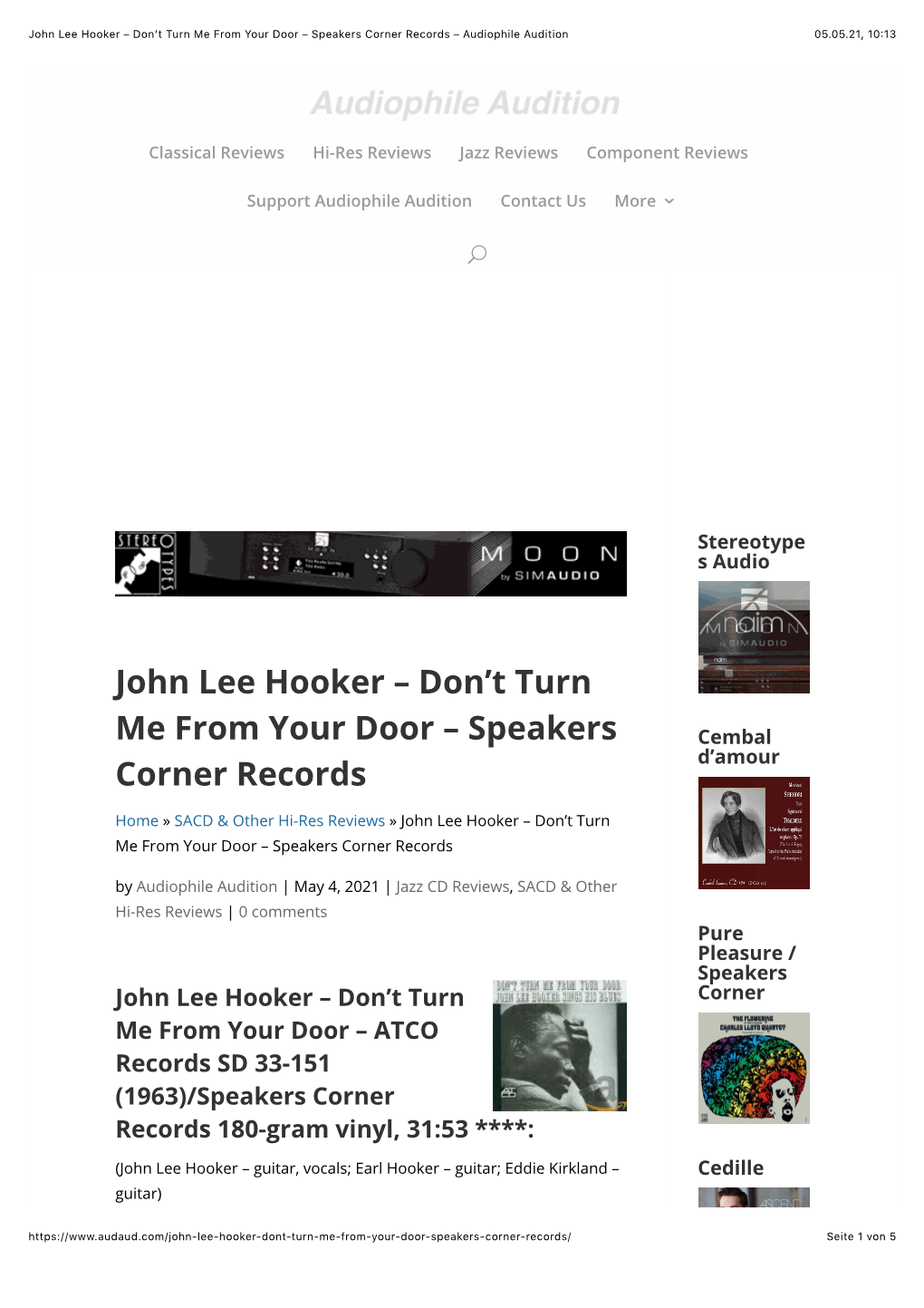 John Lee Hooker – Don't Turn Me from Your Door – Speakers Corner Records