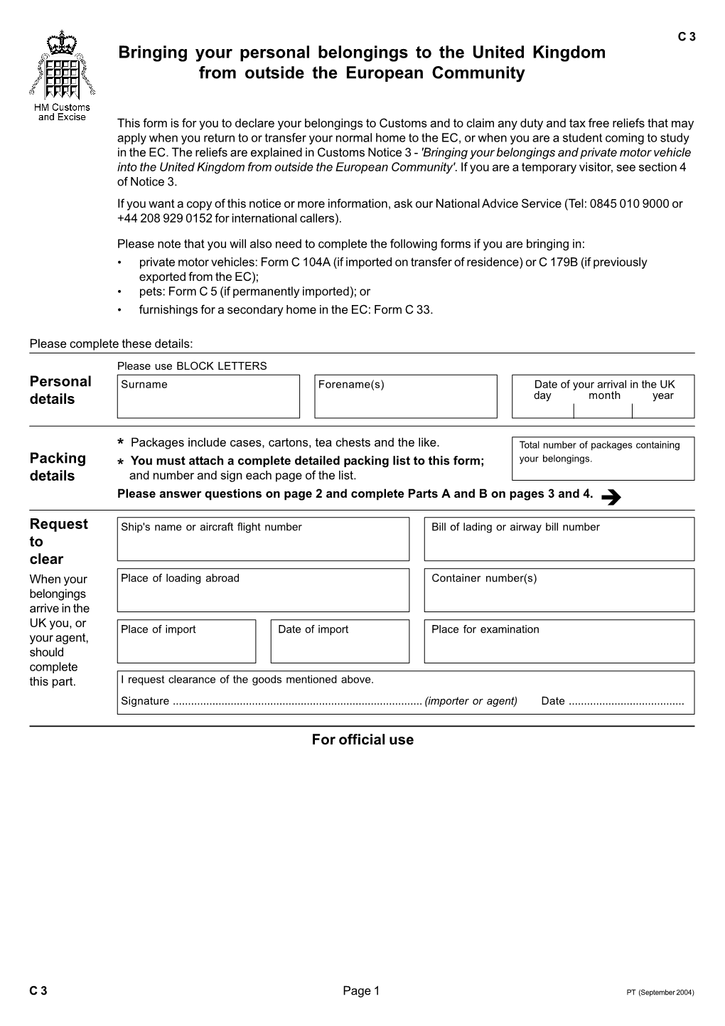 Bringing Your Personal Belongings to the United Kingdom from Outside the European Community